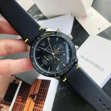  Shop Authentic Emporio Armani Mario Chronograph Black Dial Black Leather Strap Watch For Men - AR11325 - Luxxuri