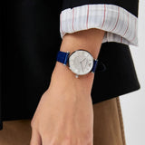  Shop Authentic Emporio Armani Gianni T Bar Quartz Crystals Silver Dial Blue Leather Strap Watch For Women - AR11344 - Luxxuri