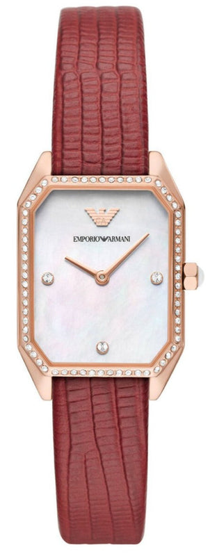  Shop Authentic Emporio Armani Gianni T Bar Two-Hand Mother of Pearl Dial Red Leather Strap Watch For Women - AR11467 - Luxxuri