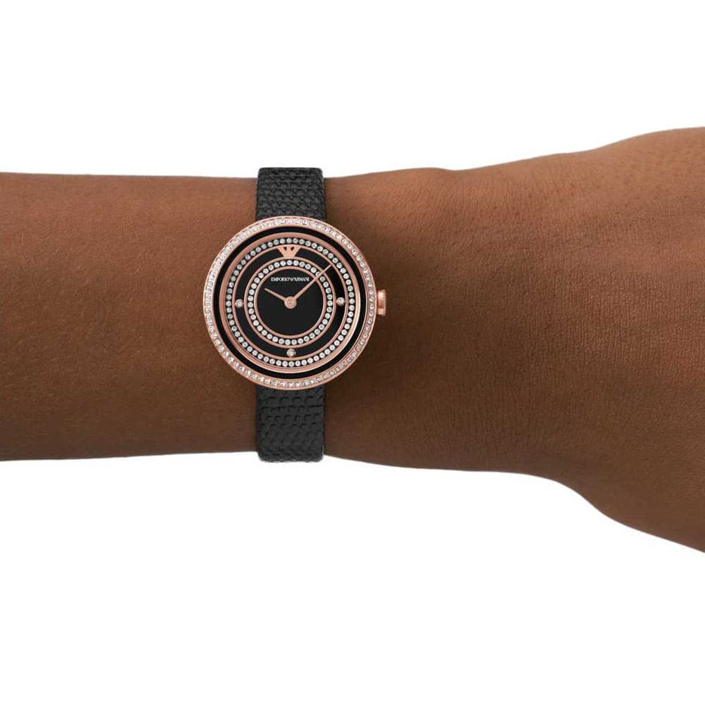  Shop Authentic Emporio Armani Rosa Two Hand Black Dial Black Leather Strap Watch For Women - AR11493 - Luxxuri