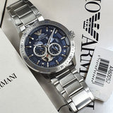  Shop Authentic Emporio Armani Mario Chronograph Automatic Blue Dial Silver Steel Strap Watch For Men - AR60052 - Luxxuri
