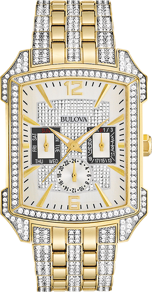  Shop Authentic Bulova Crystal Chronograph White Dial Two Tone Steel Strap Watch for Men - 98C109 - Luxxuri