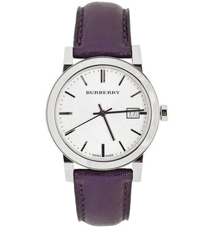  Shop Authentic Burberry The City Silver Dial Purple Leather Strap Watch for Women - BU9122 - Luxxuri