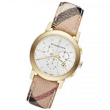  Shop Authentic Burberry The City White Dial Haymarket Beige Leather Strap Watch for Women - BU9752 - Luxxuri