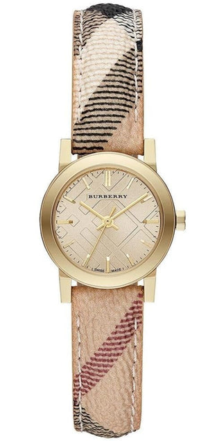  Shop Authentic Burberry The City Gold Dial Haymarket Brown Leather Strap Watch for Women - BU9219 - Luxxuri