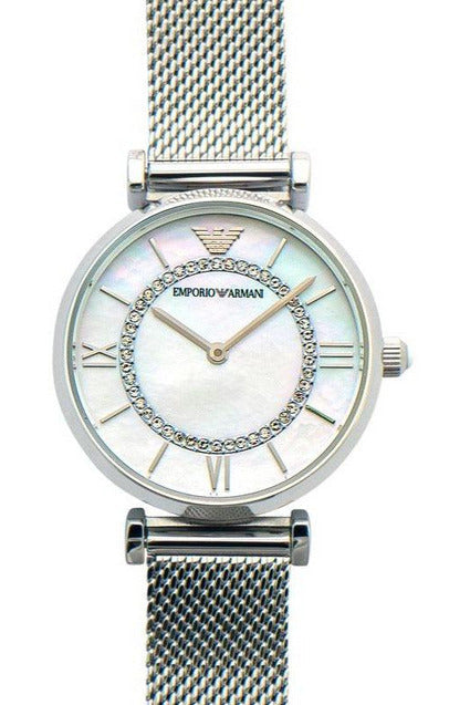  Shop Authentic Emporio Armani Gianni T-Bar Quartz Mother of Pearl Dial Silver Mesh Bracelet Watch For Women - AR11319 - Luxxuri