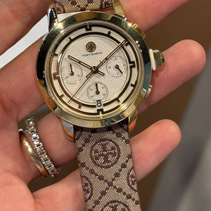 Tory Burch The Tory Chronograph White Dial Maroon Jacquard Strap Watch for Women - TBW1051