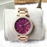  Shop Authentic Michael Kors Mini Parker Multi-Function Plum Mother of Pearl Dial Rose Gold Steel Strap Watch For Women - MK6403 - Luxxuri