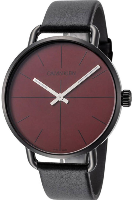  Shop Authentic Calvin Klein Even Maroon Dial Black Leather Strap Watch for Men - K7B214CP - Luxxuri