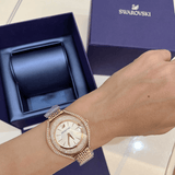  Shop Authentic Swarovski Crystalline Aura Silver Dial Beige Leather Strap Watch for Women - 5519450 - Luxxuri