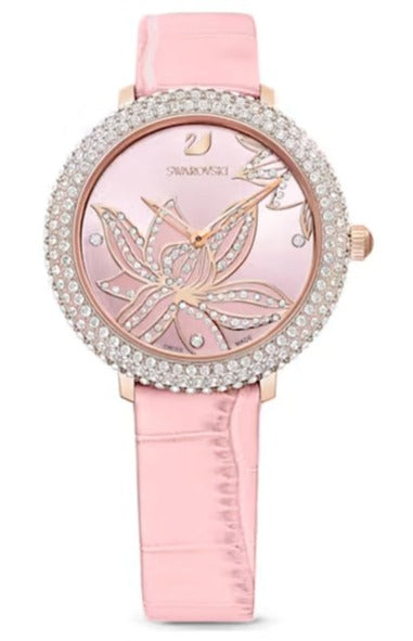  Shop Authentic Swarovski Crystal Quartz Pink Dial Pink Leather Strap Watch for Women - 5575217 - Luxxuri
