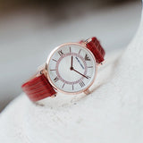  Shop Authentic Emporio Armani Gianni T-Bar Analog Mother of Pearl Dial Red Leather Strap Watch For Women - AR11322 - Luxxuri