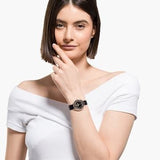  Shop Authentic Swarovski Crystalline Aura Black Dial Black Leather Strap Watch for Women - 5558634 - Luxxuri