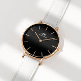  Shop Authentic Daniel Wellington Classic Petite Bondi Black Dial White Leather Strap Watch For Women - DW00100283 - Luxxuri