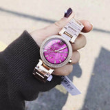  Shop Authentic Michael Kors Mini Parker Multi-Function Plum Mother of Pearl Dial Rose Gold Steel Strap Watch For Women - MK6403 - Luxxuri