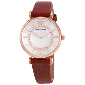  Shop Authentic Emporio Armani Gianni T-Bar Analog Mother of Pearl Dial Red Leather Strap Watch For Women - AR11322 - Luxxuri