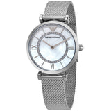  Shop Authentic Emporio Armani Gianni T-Bar Quartz Mother of Pearl Dial Silver Mesh Bracelet Watch For Women - AR11319 - Luxxuri