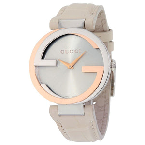  Shop Authentic Gucci Interlocking 18K Gold Silver Dial White Leather Strap Watch For Women - YA133303 - Luxxuri