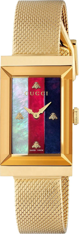  Shop Authentic Gucci G-Frame Mother of Pearl Dial Yellow Gold Mesh Bracelet Watch For Women - YA147410 - Luxxuri