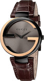  Shop Authentic Gucci Interlocking G 18K Gold Black Dial Brown Leather Strap Watch For Women - YA133304 - Luxxuri