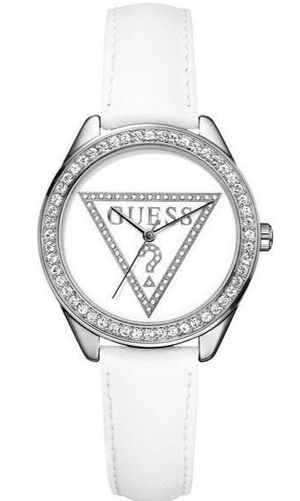  Shop Authentic Guess Mini Triangle Quartz Diamonds Silver Dial White Leather Strap Watch For Women - W65006L1 - Luxxuri