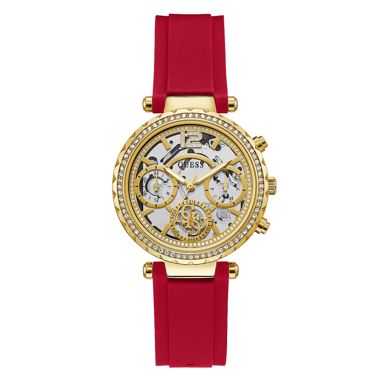  Shop Authentic Guess Solstice Diamonds Gold Dial Red Rubber Strap Watch for Women - GW0484L1 - Luxxuri