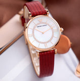  Shop Authentic Emporio Armani Gianni T-Bar Analog Mother of Pearl Dial Red Leather Strap Watch For Women - AR11322 - Luxxuri