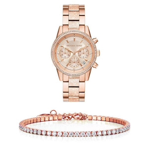  Shop Authentic Michael Kors Ritz Chronograph Rose Gold Dial Rose Gold Steel Strap Watch For Women - MK6598 - Luxxuri