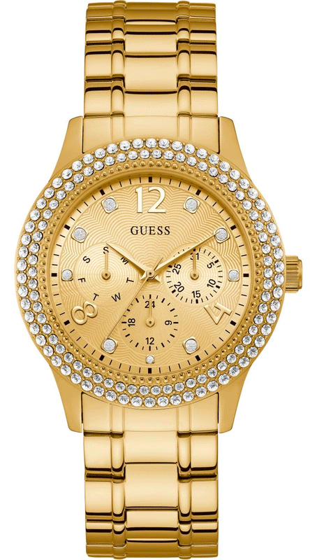  Shop Authentic Guess Bedazzle Diamonds Gold Dial Gold Steel Strap Watch For Women - W1097L2 - Luxxuri