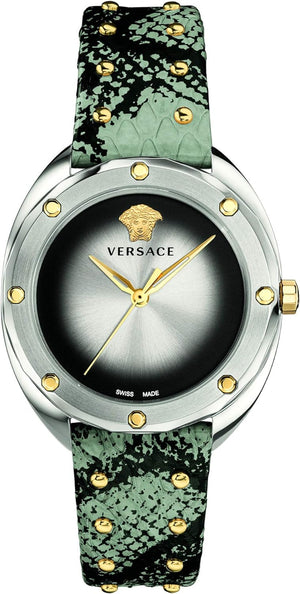  Shop Authentic Versace Shadov Quartz Silver Dial Snakeskin Green Leather Strap Watch for Women - VEBM00718 - Luxxuri