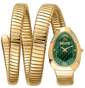 Just Cavalli Serpente Metallica Green Dial Gold Steel Strap Watch for Women - JC1L224M0045