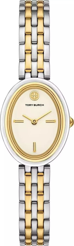 Tory Burch Oval White Dial Two Tone Steel Strap Watch for Women - TBW6033