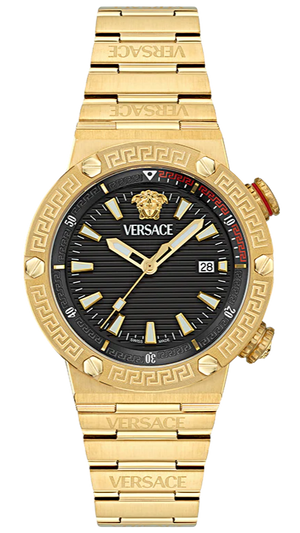  Shop Authentic Versace Greca Logo Quartz Black Dial Gold Steel Strap Watch for Men - VE8G00624 - Luxxuri