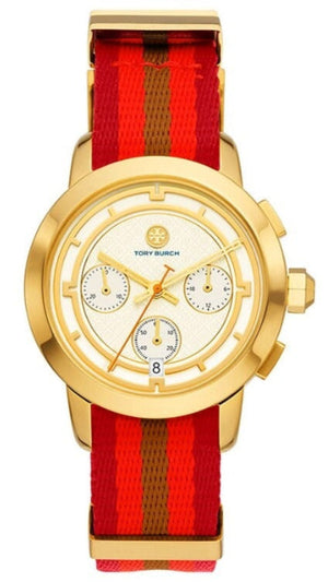 Tory Burch The Tory Chronograph White Dial Tri Tone NATO Strap Watch for Women - TBW1036