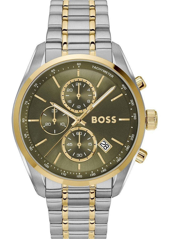 Hugo Boss Grand Prix Chronograph Green Dial Two Tone Steel Strap Watch for Men - 1514227