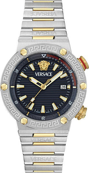  Shop Authentic Versace Greca Logo Diver Quartz Black Dial Two Tone Steel Strap Watch for Men - VE8G00424 - Luxxuri