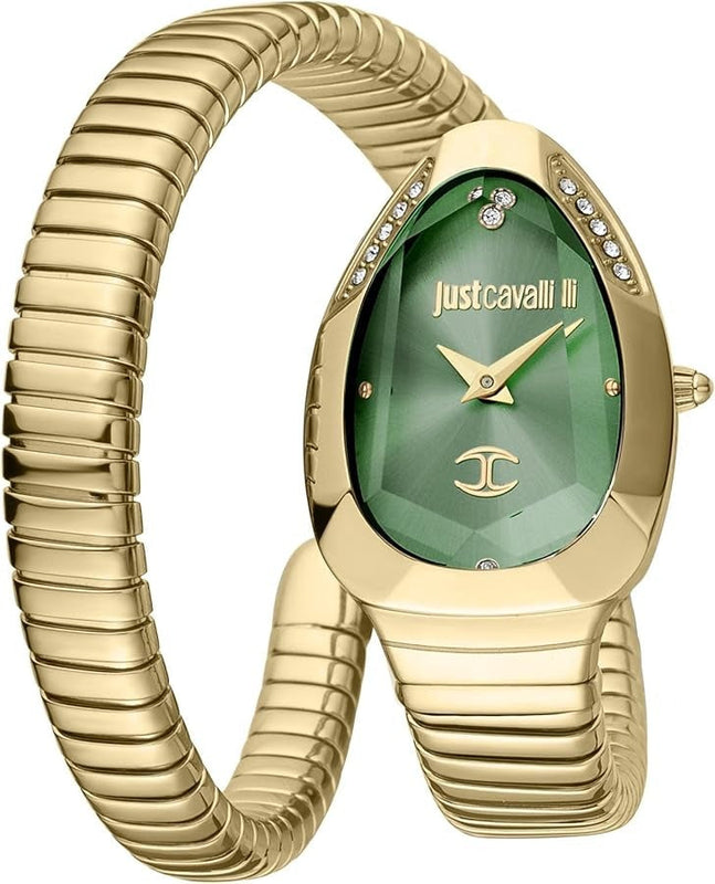 Just Cavalli Serpente Metallica Green Dial Gold Steel Strap Watch for Women - JC1L208M0045
