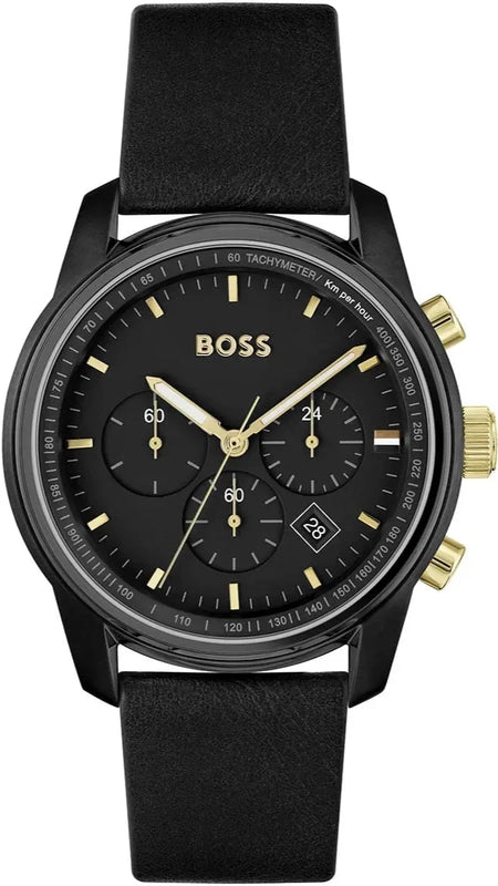  Shop Authentic Hugo Boss Trace Chronograph Black Dial Black Leather Strap Watch for Men - 1514003 - Luxxuri
