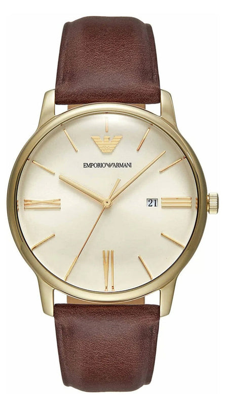 Emporio Armani Minimalist Quartz Gold Dial Brown Leather Strap Watch for Men - AR11610