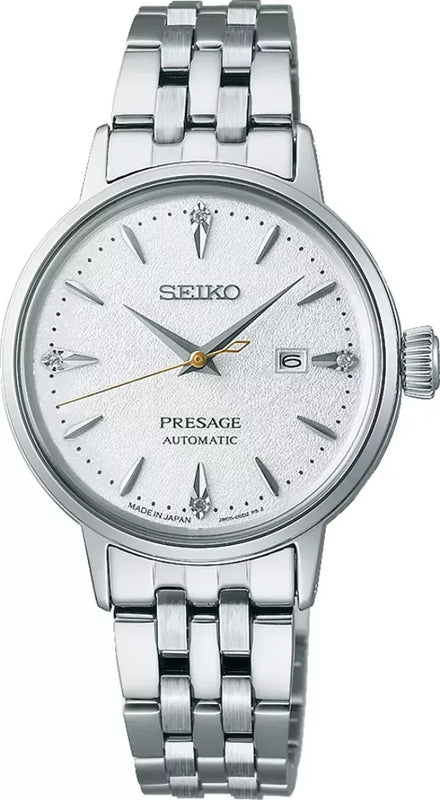 Seiko Presage Cocktail Time Automatic Diamonds White Dial Silver Steel Strap Watch for Women - SRE017J1