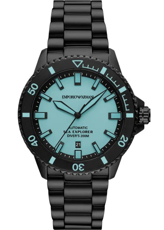 Emporio Armani Sea Explorer Turquoise Blue Dial Black Steel Strap Watch for Men - AR60084