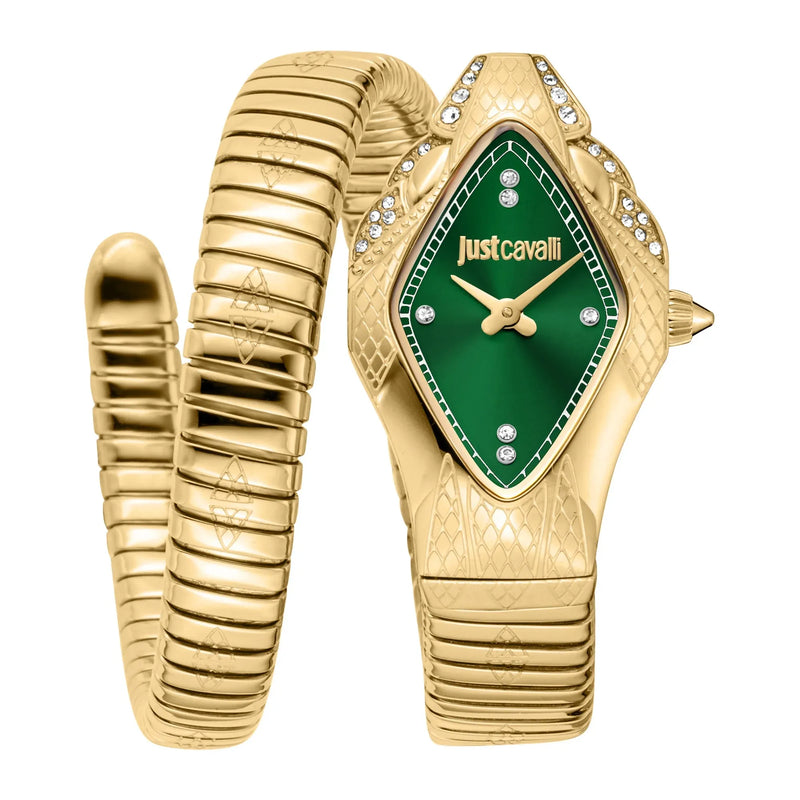 Just Cavalli Cristallo Green Dial Gold Steel Strap Watch for Women - JC1L307M0035