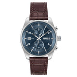 Hugo Boss Skytraveller Chronograph Blue Dial Brown Leather Strap Watch for Men - 1514194