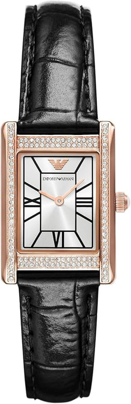Emporio Armani Genni Silver Dial Black Leather Strap Watch for Women - AR11624