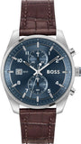 Hugo Boss Skytraveller Chronograph Blue Dial Brown Leather Strap Watch for Men - 1514194