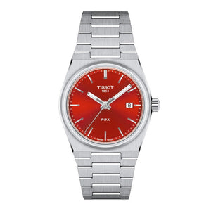 Tissot PRX Quartz Red Dial Silver Steel Strap Watch for Women - T137.210.11.421.00