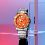 Citizen Mechanical Automatic Orange Dial Silver Steel Strap Watch for Men - NJ0128-80X