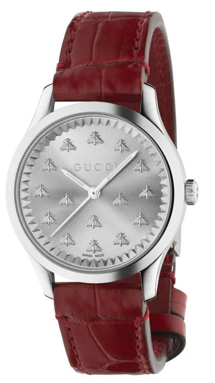 Gucci G Timeless Quartz Silver Dial Maroon Leather Strap Watch for Women - YA1265057