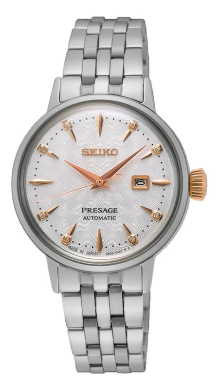 Seiko Presage Cocktail Time Skydiving Automatic Diamonds Mother of Pearl Dial Silver Steel Strap Watch for Women - SRE009J1