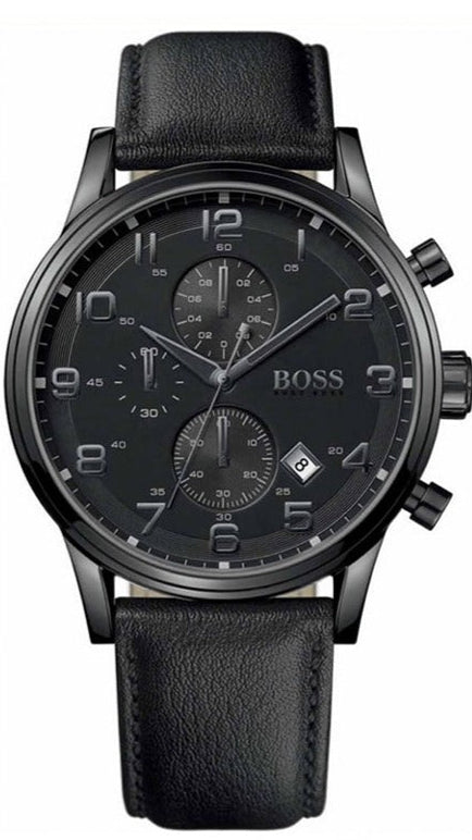  Shop Authentic Hugo Boss Aeroliner Chronograph Black Dial Black Leather Strap Watch for Men - 1512567 - Luxxuri